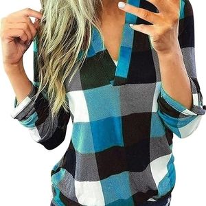 Blue Plaid Blouse Women's M
